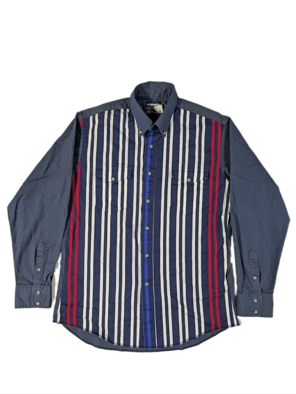Vintage Wrangler Cowboy Cut Western Shirt Mens 16-34 Blue Striped Colorblock USA
